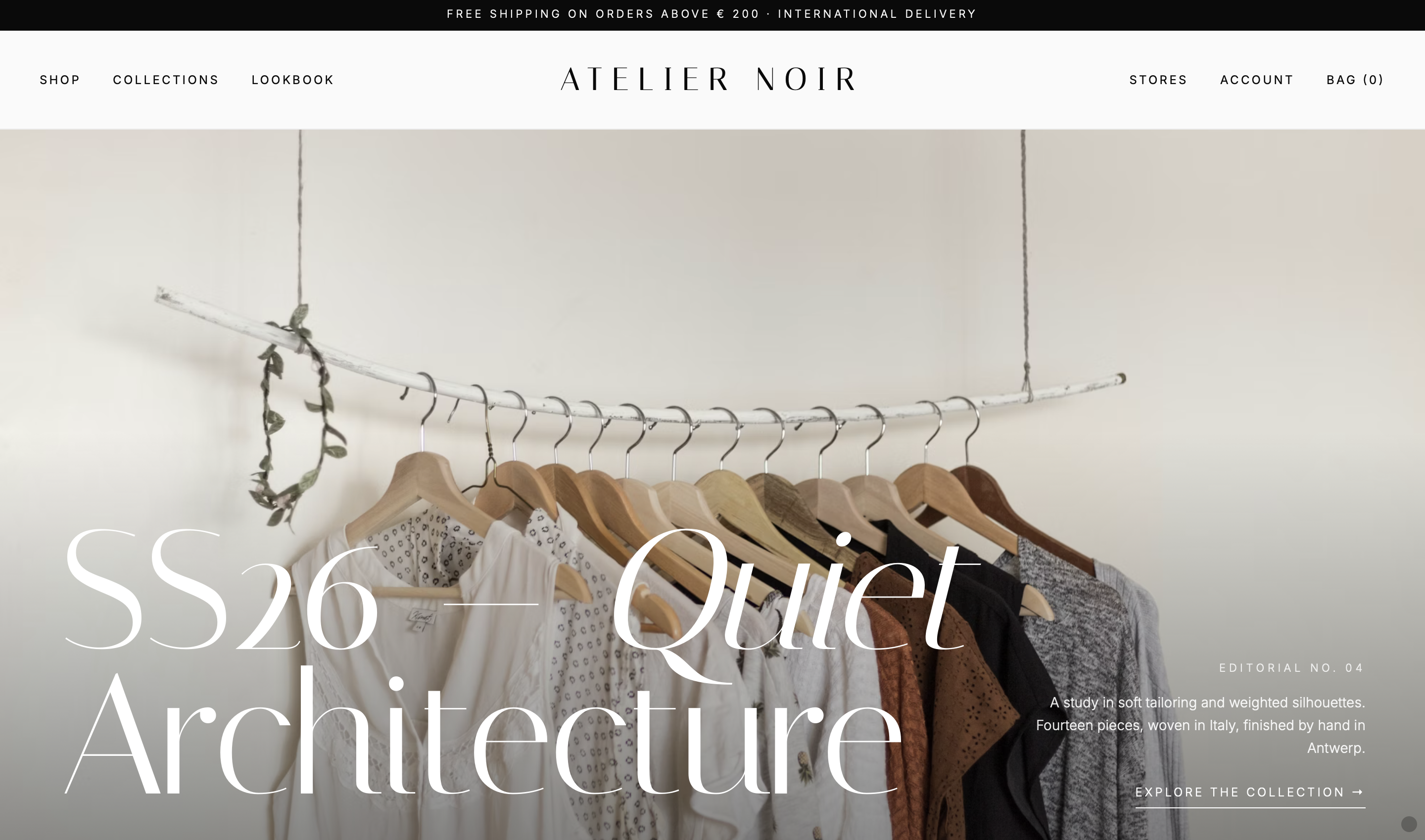 Homepage voorbeeld voor Atelier Noir, High-end fashion · E-commerce