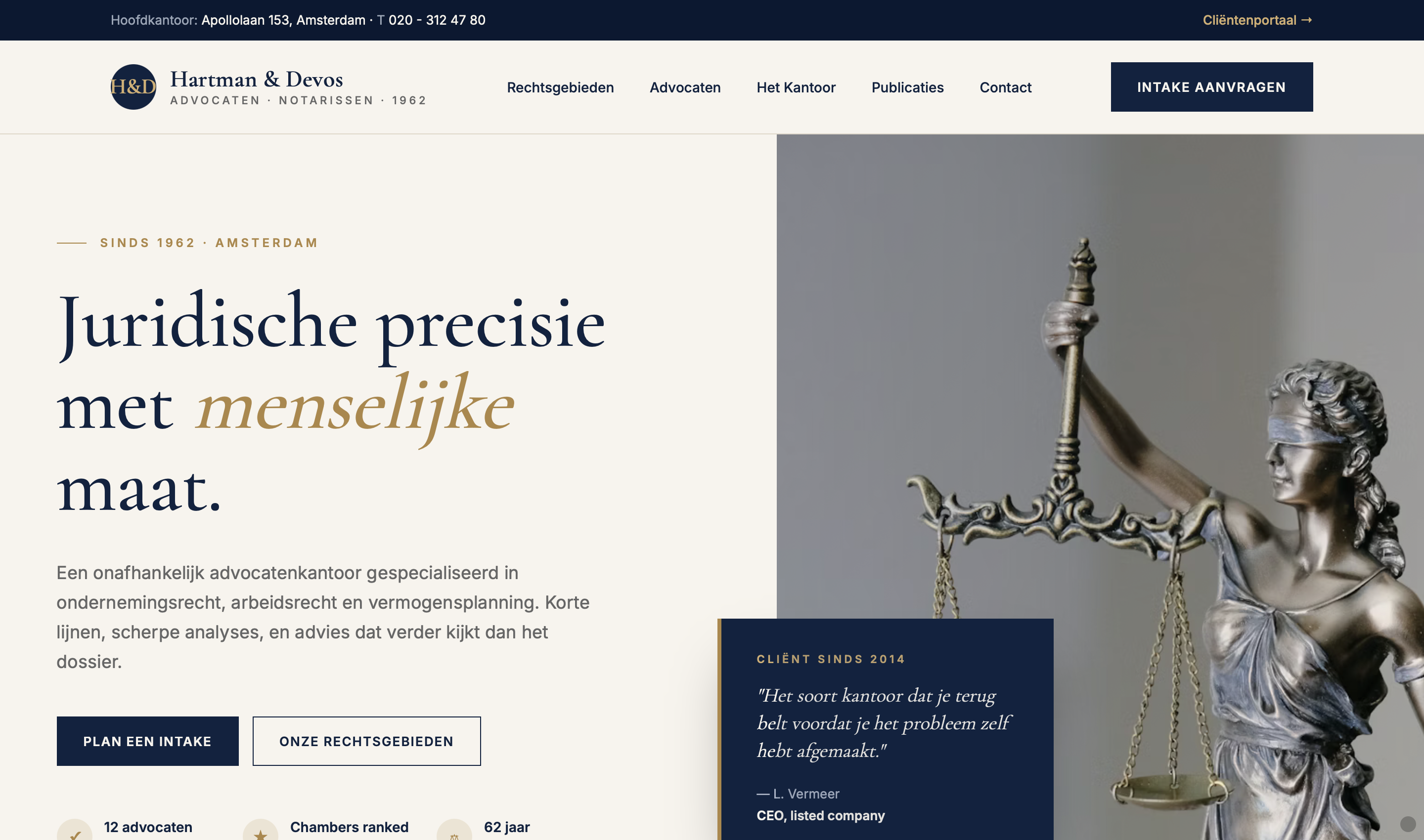Homepage voorbeeld voor Hartman & Devos, Advocatenkantoor · Amsterdam