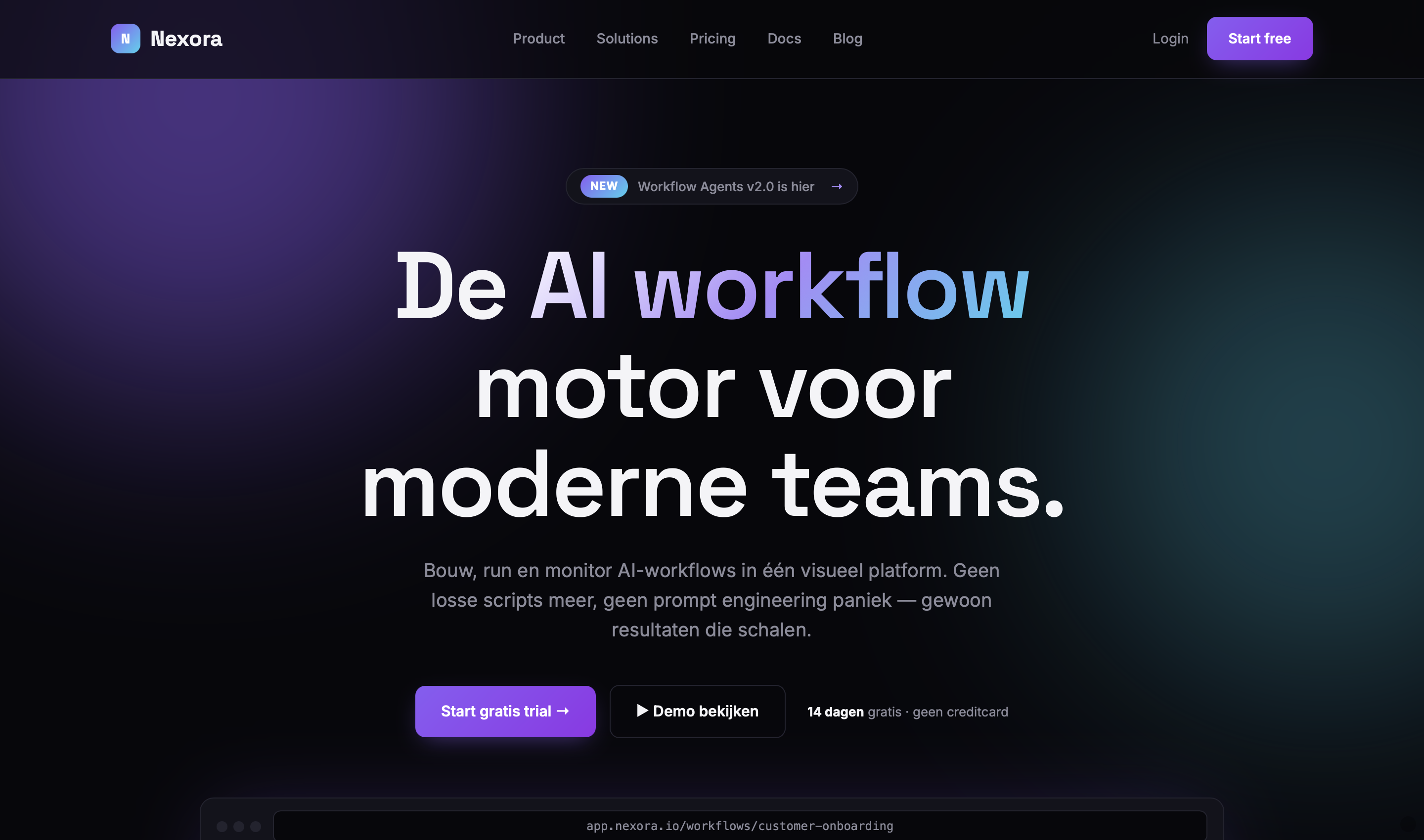 Homepage voorbeeld voor Nexora, AI workflow SaaS