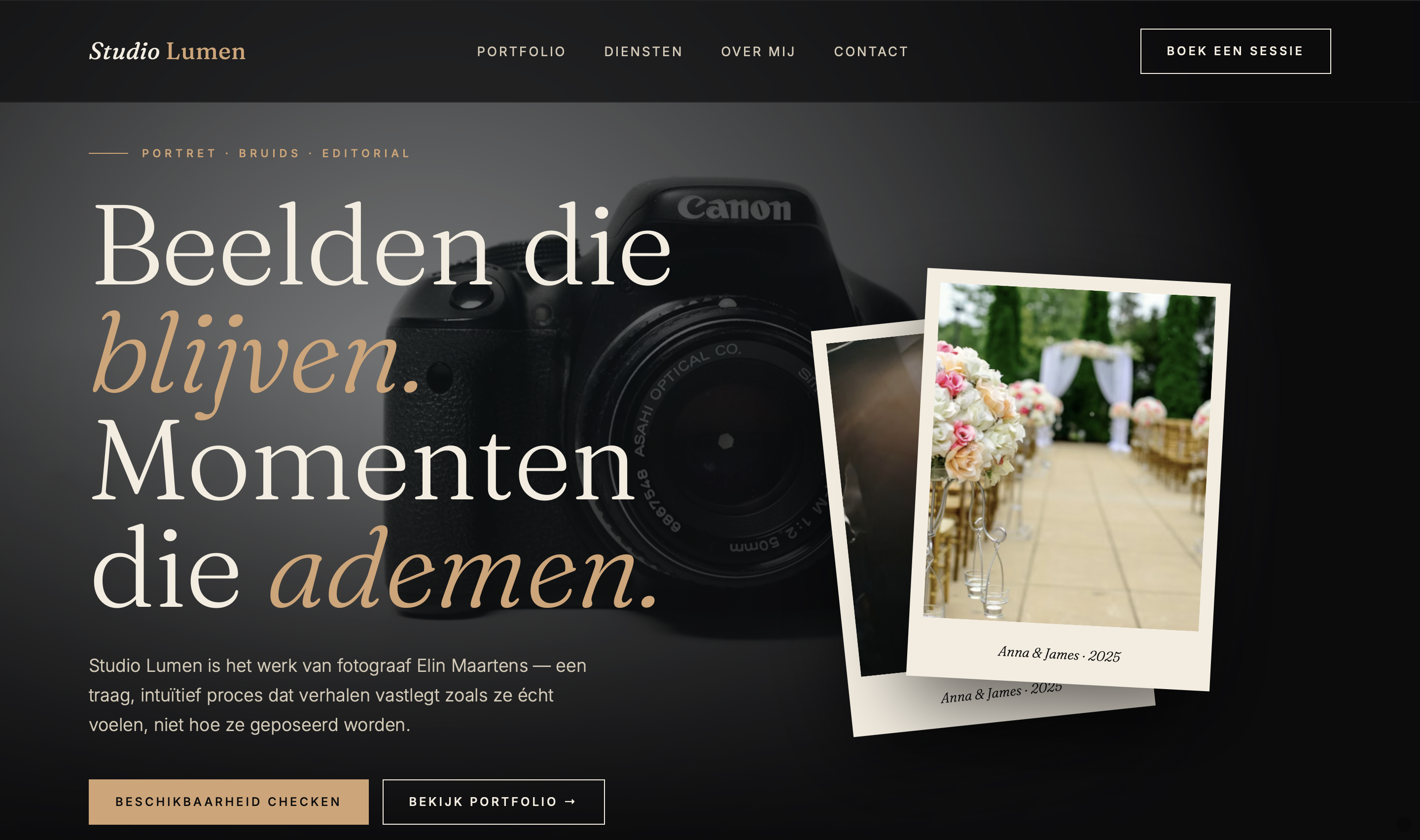 Homepage voorbeeld voor Studio Lumen, Fotograaf · Portret & bruids
