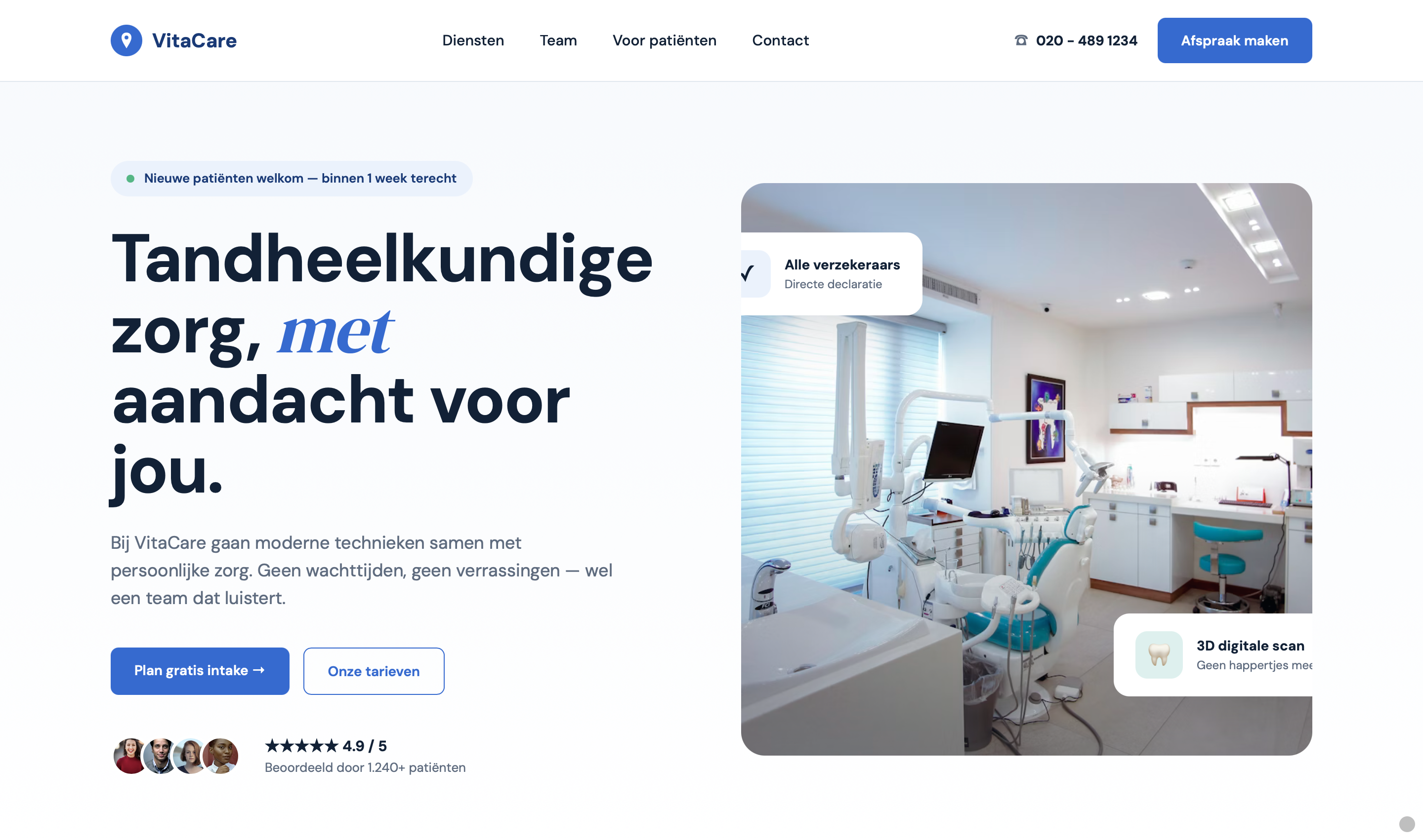 Homepage voorbeeld voor VitaCare, Tandartspraktijk · Amsterdam